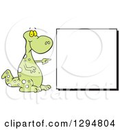 Poster, Art Print Of Cartoon Green Spotted Dinosaur Pointing To A Blank Sign