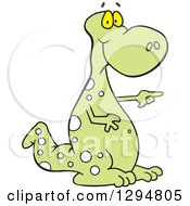 Clipart Of A Cartoon Green Spotted Dinosaur Pointing To The Right Royalty Free Vector Illustration