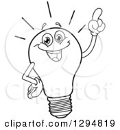 Lineart Clipart Of A Black And White Smart Light Bulb Character With An Idea Royalty Free Outline Vector Illustration by yayayoyo