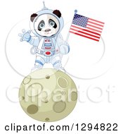 Poster, Art Print Of Cute Panda Astronaut Holding An American Flag And Waving On The Moon
