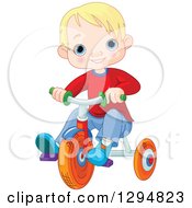 Clipart Of A Happy Blond Haired Blue Eyed White Boy Riding A Trike Royalty Free Vector Illustration