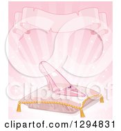 Clipart Of A Glass Slipper On A Pillow Over Pink Rays With A Vintage Blank Ribbon Banner Royalty Free Vector Illustration