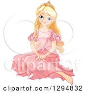 Poster, Art Print Of Happy Blond Blue Eyed Caucasian Princess Sitting On The Floor In A Pink Dress