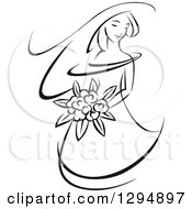 Poster, Art Print Of Sketched Black And White Bride Holding A Bouquet Of Flowers And Facing Left 3