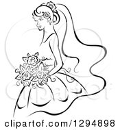 Poster, Art Print Of Sketched Black And White Bride Holding A Bouquet Of Flowers And Facing Left 2