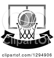 Poster, Art Print Of Grayscale Basketball And Hoop Over A Blank Black Banner