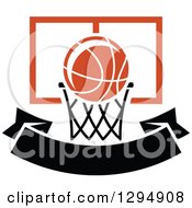 Clipart Of A Basketball And Hoop Over A Blank Black Banner Royalty Free Vector Illustration