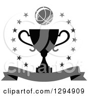 Poster, Art Print Of Grayscale Basketball Over A Black Trophy In A Circle Of Stars With A Blank Banner