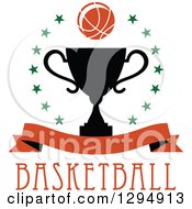 Poster, Art Print Of Basketball In A Circle Of Stars Over A Black Trophy Blank Banner And Text
