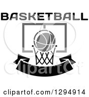 Clipart Of Text Over A Grayscale Basketball And Hoop Over A Blank Black Banner Royalty Free Vector Illustration