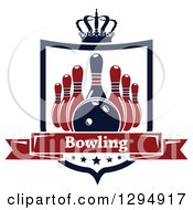 Poster, Art Print Of Navy Blue And Red Bowling Ball And Pins In A Shield With A Crown Stars And Text Banner