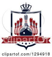 Clipart Of A Navy Blue And Red Bowling Ball And Pins In A Shield With A Crown Stars And Blank Banner Royalty Free Vector Illustration