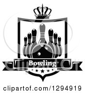 Poster, Art Print Of Black And White Bowling Ball And Pins In A Shield With A Crown Stars And Text Banner