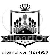 Clipart Of A Black And White Bowling Ball And Pins In A Shield With A Crown Stars And Blank Banner Royalty Free Vector Illustration by Vector Tradition SM