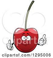 Clipart Of A Happy Cartoon Cherry Character Holding Up A Finger And A Thumb Royalty Free Vector Illustration