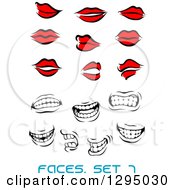 Poster, Art Print Of Sketched Black And Red Feminine Lips And Grayscale Mouths Showing Teeth