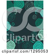 Poster, Art Print Of Doodled Green Floral Background With Text Space On Teal