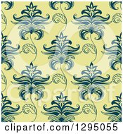 Clipart Of A Background Pattern Of Seamless Navy Blue Henna Flowers On Yellow Royalty Free Vector Illustration