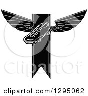 Black And White Winged Soccer Cleat Shoe Over A Ribbon