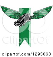 Clipart Of A Black And White Winged Soccer Cleat Shoe Over A Green Ribbon Royalty Free Vector Illustration