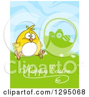 Poster, Art Print Of Yellow Chick Sitting By A Silhouetted Basket In Grass With Happy Easter Text