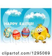 Poster, Art Print Of Cartoon Happy Yellow Chick With Eggs And Happy Easter Text Against Sky