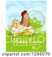 Poster, Art Print Of Happy Nesting Hen By A Silhouetted Basket In Grass With Happy Easter Text