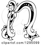 Clipart Of A Black And White Vintage Lowercase Floral Letter N Royalty Free Vector Illustration
