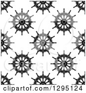 Poster, Art Print Of Seamless Pattern Background Of Black And White Ship Helm Steering Wheels 2