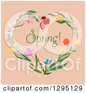 Clipart Of A Heart Made Of Flowers With Spring Text On Beige Royalty Free Vector Illustration