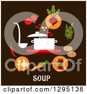 Clipart Of A Soup Pot And Ingredients Over Text On Brown Royalty Free Vector Illustration