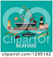Poster, Art Print Of Bowl Of Seafood And Ingredients With Text On Turqoise