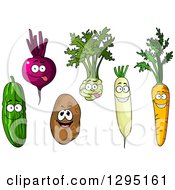Clipart Of Cartoon Happy Cucumber Beet Kohlrabi Daikon Radish Carrot And Russet Potato Characters Royalty Free Vector Illustration by Vector Tradition SM