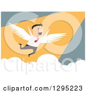 Poster, Art Print Of Flat Modern White Businessman Flying And Cheering Over Blue