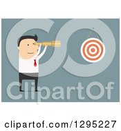 Poster, Art Print Of Flat Modern White Businessman Viewing A Dart Board With A Telescope Over Blue