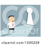 Poster, Art Print Of Flat Modern White Businessman Approaching A Key Hole Door Over Blue