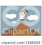 Poster, Art Print Of Flat Modern White Businessman Cheering With A Flag On Top Of A Mountain Over Blue
