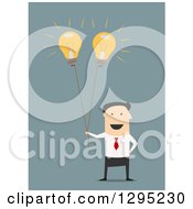 Clipart Of A Flat Modern White Businessman Holding Idea Light Bulb Balloons Over Blue Royalty Free Vector Illustration