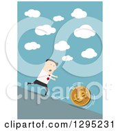 Poster, Art Print Of Flat Modern White Businessman Chasing A Coin Downhill Over Blue