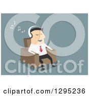 Poster, Art Print Of Flat Modern White Businessman Listening To Music And Sitting In A Chair Over Blue