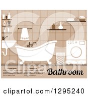 Poster, Art Print Of Brown Toned Bathroom Interior With A Sink Clawfoot Tub Washing Machine And Sample Text
