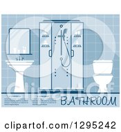 Clipart Of A Blue Toned Bathroom Interior With A Sink Shower And Toilet With Sample Text Royalty Free Vector Illustration