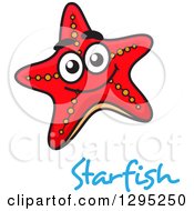 Poster, Art Print Of Cartoon Happy Red Starfish Over Blue Text