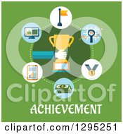 Poster, Art Print Of Flat Design Hand Holding A Trophy In A Circle Of Icons Over Achievement Text On Green