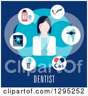 Clipart Of A Flat Design Of A Dentist And Items On Blue Over Text Royalty Free Vector Illustration by Vector Tradition SM