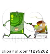 Poster, Art Print Of Cartoon Green Credit Card Character Pushing A House In A Shopping Cart