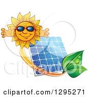 Poster, Art Print Of Welcoming Happy Sun Wearing Shades Over A Solar Panel Encircled With An Orange Swoosh And Green Leaves