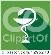 Clipart Of A Flat Modern Design Of A White Silhouetted Snake And Cup Medical Caduceus On Green Royalty Free Vector Illustration