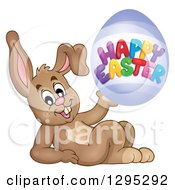 Clipart Of A Brown Bunny Rabbit Leaning Back And Holding A Happy Easter Egg Royalty Free Vector Illustration