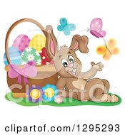 Poster, Art Print Of Happy Brown Easter Bunny Rabbit Resting Against A Basket Of Eggs With Butterflies